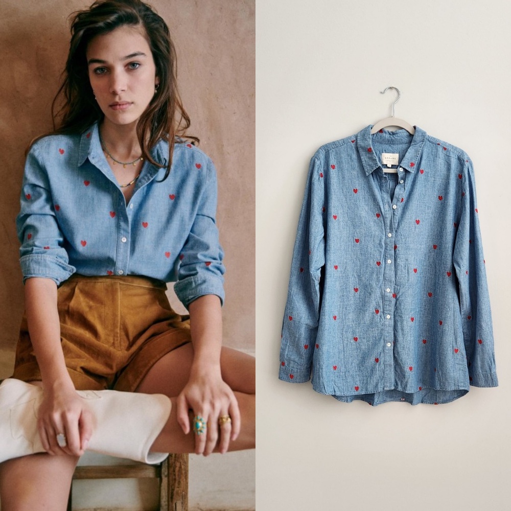Sezane Ann Linen Shirt in Chambray Red Hearts - Size EU 44 / XL